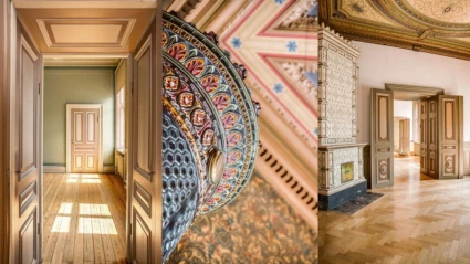 Interiörbilder från ett historiskt hus med ljusa rum, dekormålade tak och en rikt utsmyckad kakelugn.