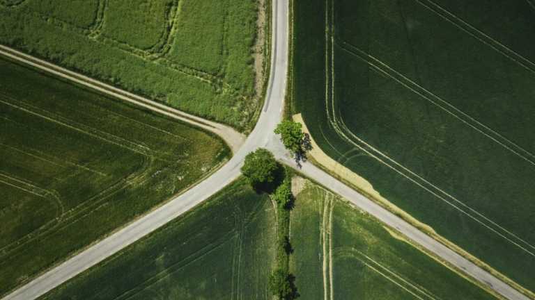 Ett geometriskt mönster av vägar och åkrar sett från ovan, som visar det skånska jordbrukslandskapets former.