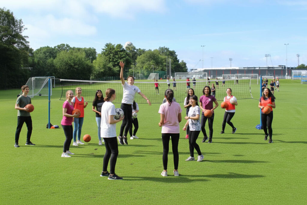 Barn och ungdomar med olika sorters bollar står på en fotbollsplan. Bilden är AI-redigerad.