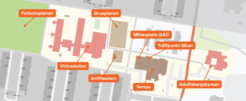Karta över Adolfsberg, med aktiviteter utmärkta.
