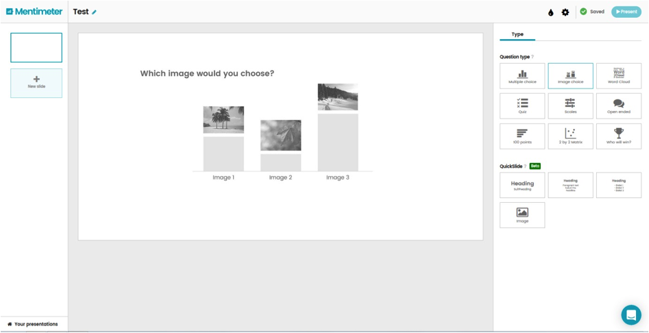 Fig1. Till höger i panelen väljs typ av frågemall och därefter kan bilder laddas upp som svarsalternativ.