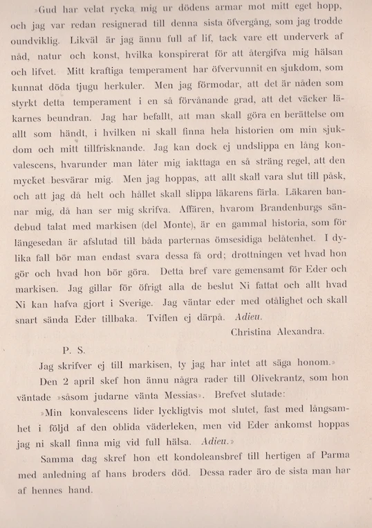 Text hämtad från Carl Bildt d.ä. bok ”Drottning Kristinas sista dagar” lånad av Nils Bildt.