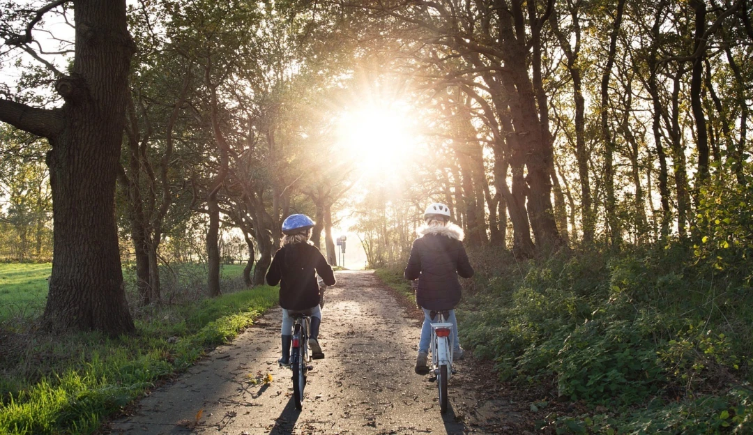 två barn på var sin cykel i motljus