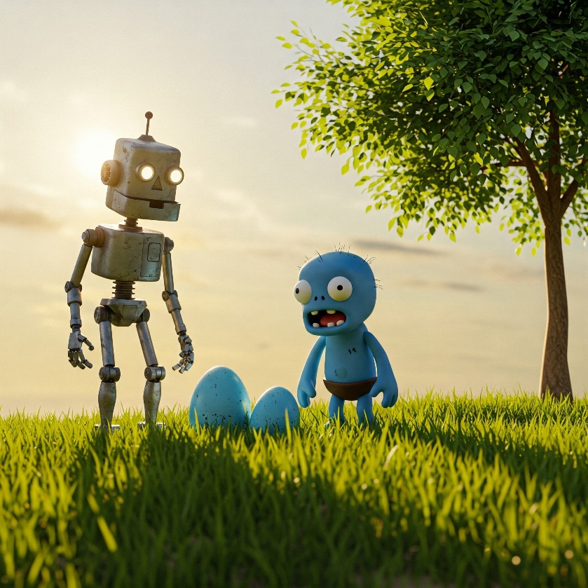AI-genererad bild av en robot och en blå zombie.