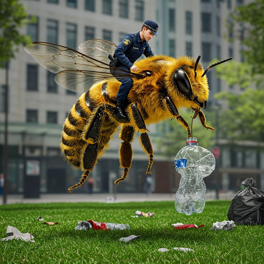 Ai-genererad bild. En polis sitter på honungsbiets rygg och tillsammans plockar de upp skräp.