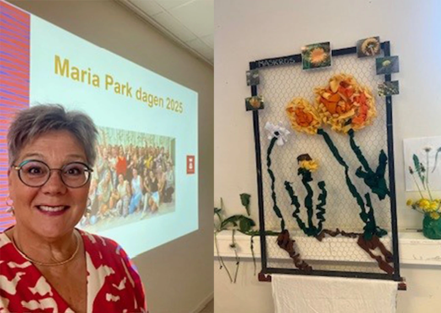 Kvinnan framför en projektorduk med texten "Maria Park dagen 2025". Bredvid står ett konstverk av hönsnät och tyg.