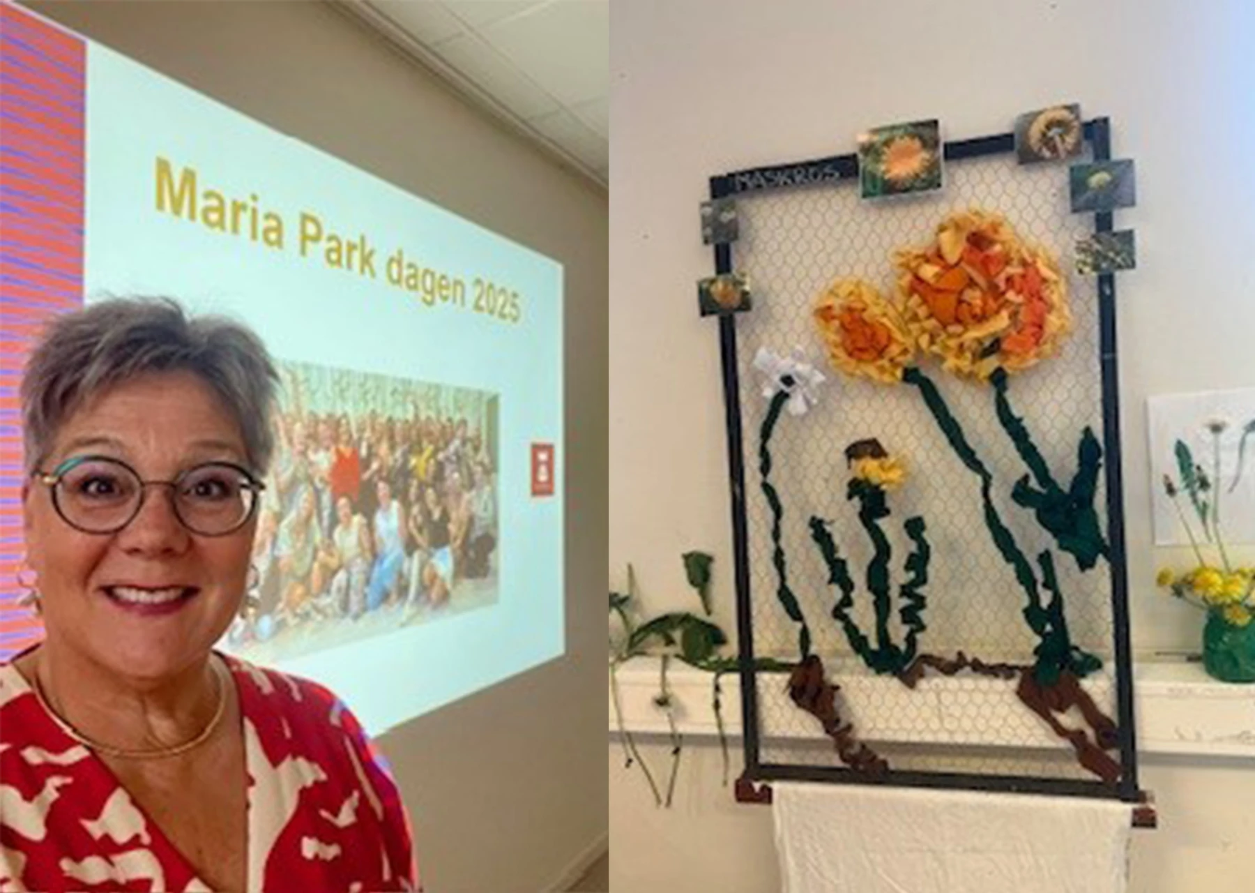 Kvinnan framför en projektorduk med texten "Maria Park dagen 2025". Bredvid står ett konstverk av hönsnät och tyg.