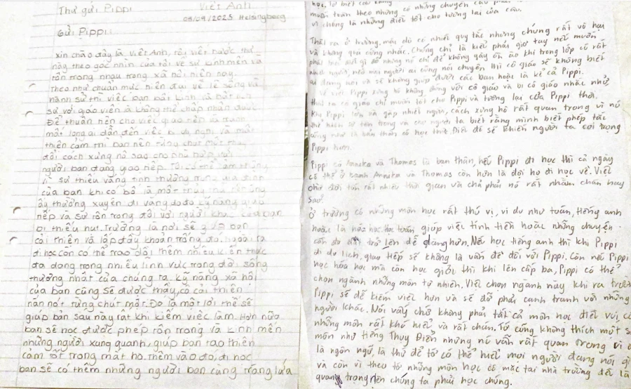 Två sidor med handskriven vietnamesisk text i ett anteckningsblock. Brevet är adresserat till Pippi Långstrump och innehåller personliga tankar, frågor och beskrivningar om Pippi och hennes värld.