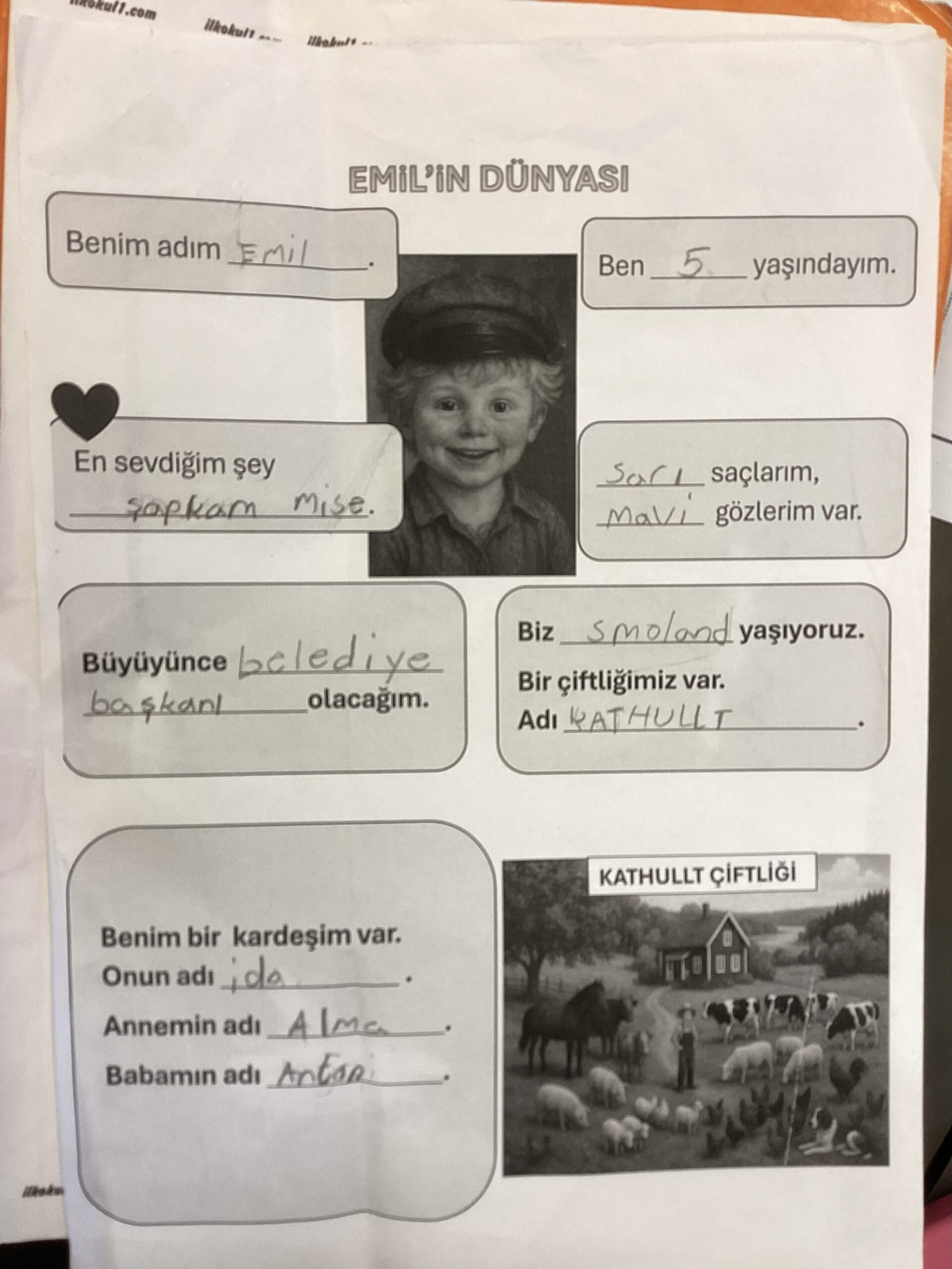Arbetsblad om Emil: han är 5 år, gillar sin hatt, har blont hår och blå ögon, bor i Småland på gården Katthult, vill bli borgmästare och har en syster som heter Ida. Nederst syns en illustration av en gård med hus och djur.