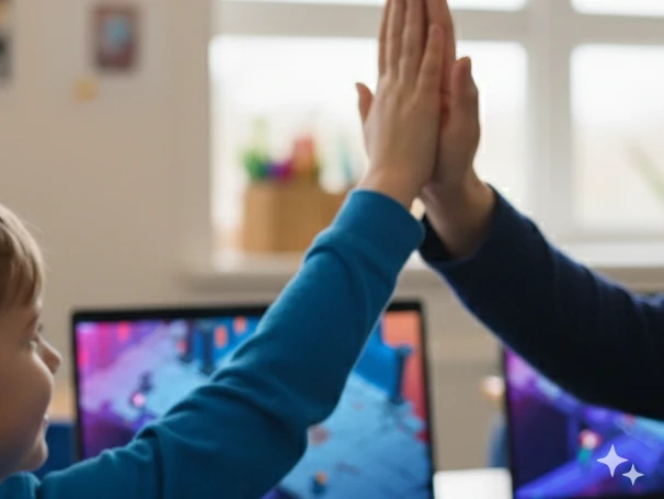 En elev gör en "high five" i bakgrunden syns skärmar där spelet Hackshield syns. Bilden är framtagen med hjälp av AI.