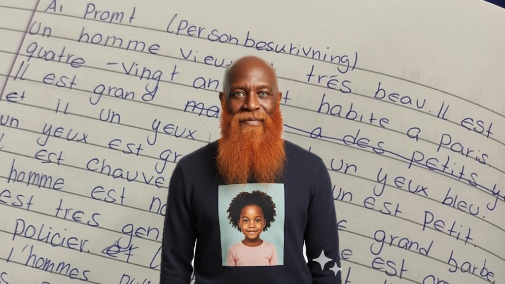 Kollage: Bakgrunden visar ett anteckningsblock handskrivna anteckningar på franska. I förgrunden syns en AI-genererad avbildning av en man med ett porträtt av ett barn på sin tröja.