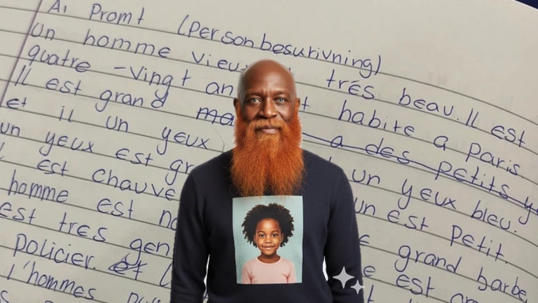 Kollage: Bakgrunden visar ett anteckningsblock handskrivna anteckningar på franska. I förgrunden syns en AI-genererad avbildning av en man med ett porträtt av ett barn på sin tröja.