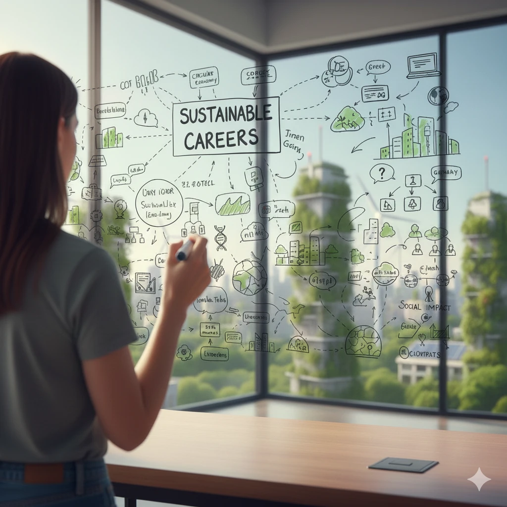 En ungdom står ryggvänd framför en glastavla och skissar på en tankekarta kring framtida yrkesval. Rubriken 'Sustainable Careers' är omgiven av handritade symboler för miljö, teknik och samhälle. Genom fönstret i bakgrunden syns en ljus och grönskande framtidsstad, vilket illustrerar kopplingen mellan klassrummet och en hållbar omvärld.