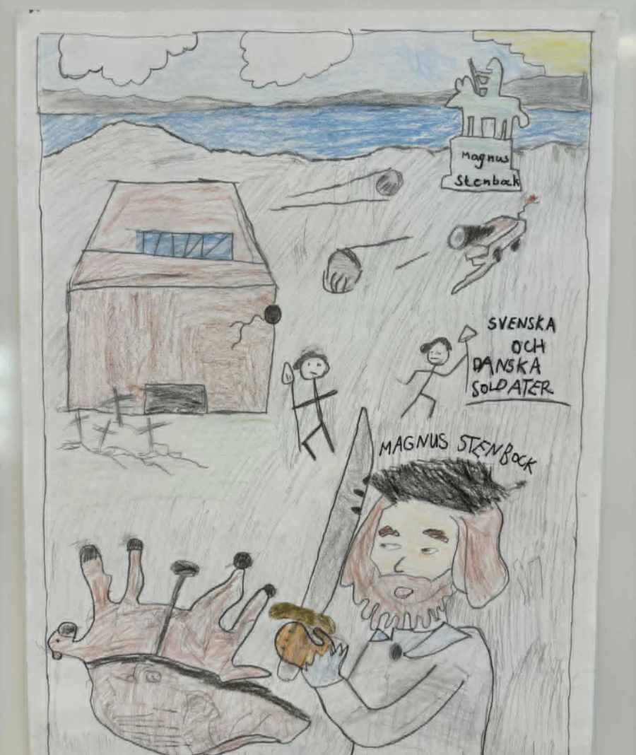 En teckning över Magnus Stenbock samt svenska och danska soldater.