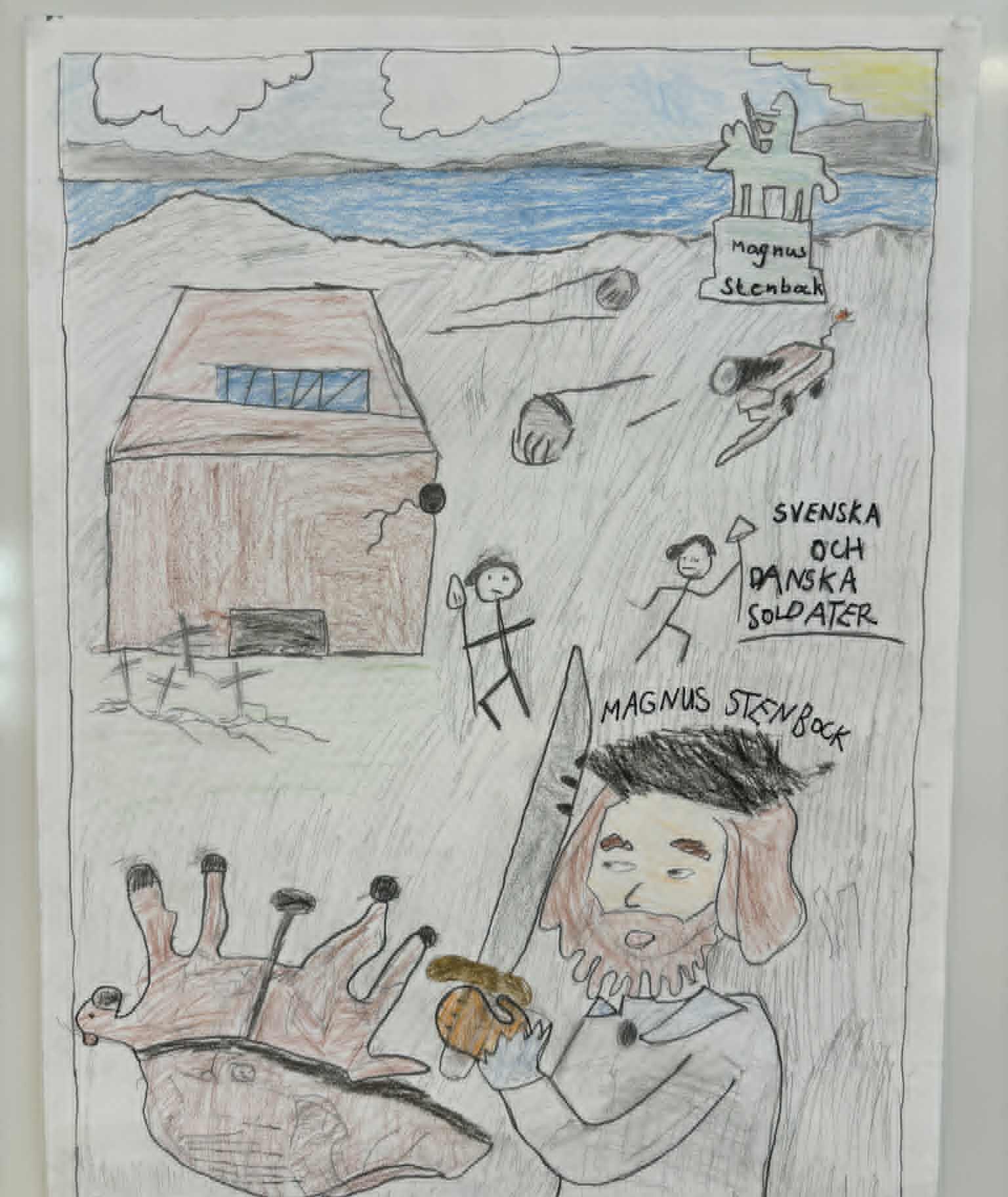 En teckning över Magnus Stenbock samt svenska och danska soldater.