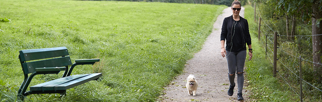 Bänk bredvid grusgång där kvinna med hund promenerar.