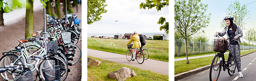 Tre cykelbilder: Cykelställ, par på cykelväg på Råå, flicka på cykelbana i centrala Helsingborg. (foto: Anna Olsson)