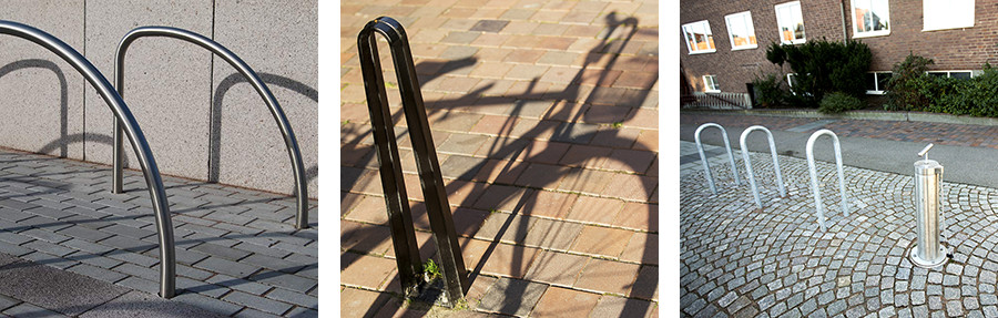 Tre exempel på cykelställ och cykelbågar för två cyklar. (foto: Andras Hillergren / Helsingborgs stad)