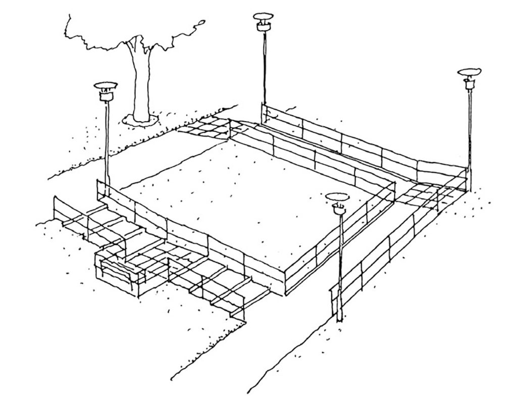 Trappa till vänster och ramp till höger med vilplan, ledstänger och avåkningsskydd