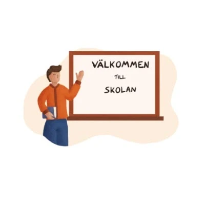 Bild med person som pekar på texten välkommen till skolan