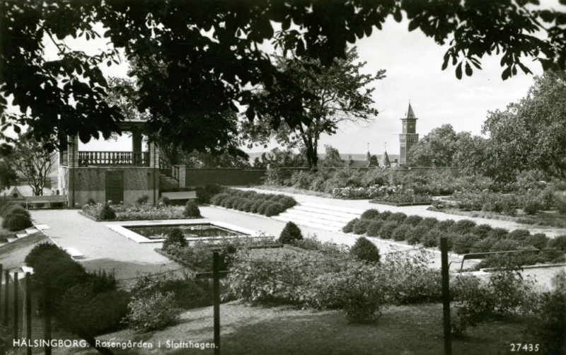 Svartvitt foto över Rosenträdgården, en damm, buxbom och ett lusthus. 