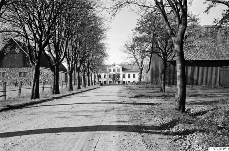 Utomhusbild på väg som leder upp till en vit hesskapsliknande byggnad. Svartvitt. 