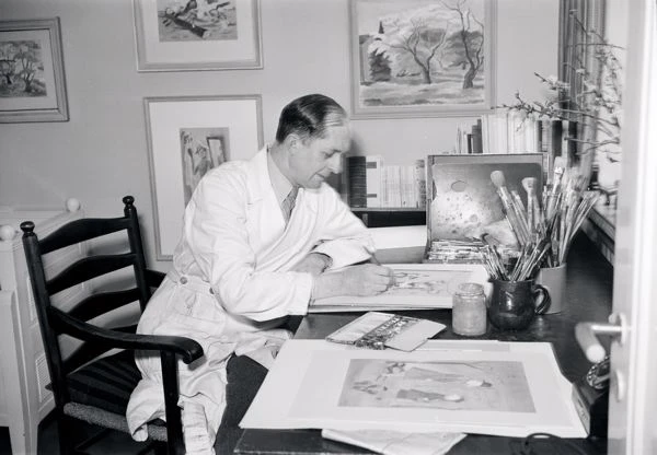 Konstnären Georg Crona i sitt hem 1948. Lindberg Foto.