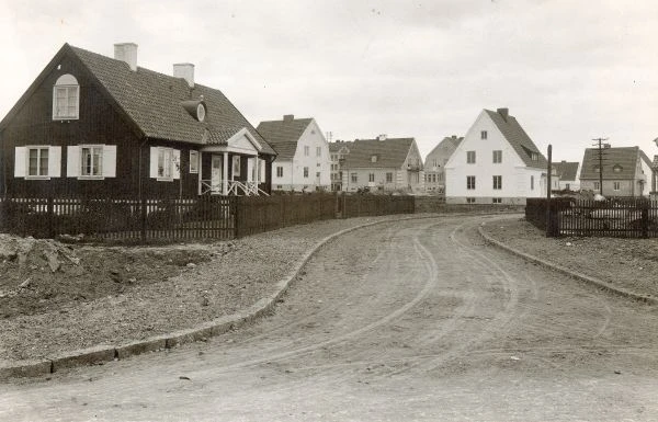 Svartvitt foto med villor.