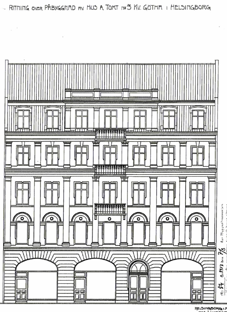 Ritning över huset från 1917, då det försågs med en extra våning.