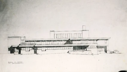 Ritning av byggnad, exteriört.