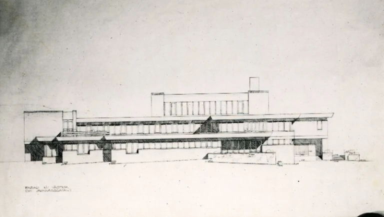 Ritning av byggnad, exteriört.