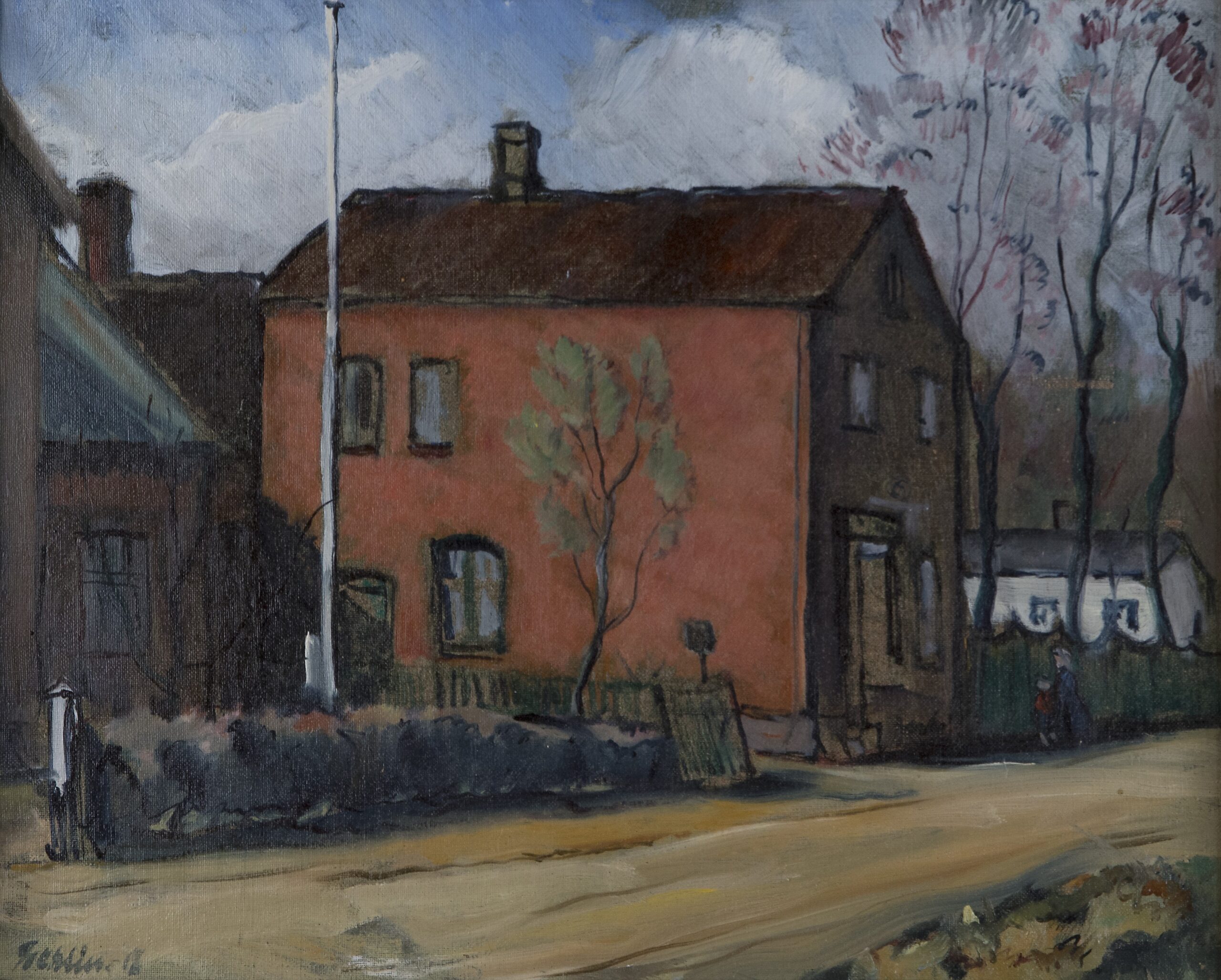 Oljemålning med motiv att ett rödmålat hus vid en liten väg, Ester Gehlin 1918.