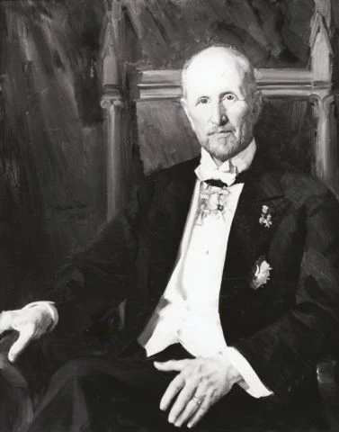 Svartvitt foto av oljemålning med man på.