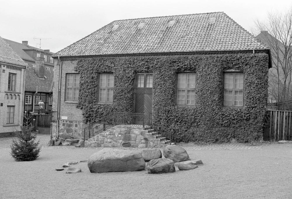 Svartvit bild på gammal byggnad med murgröna på väggarna.