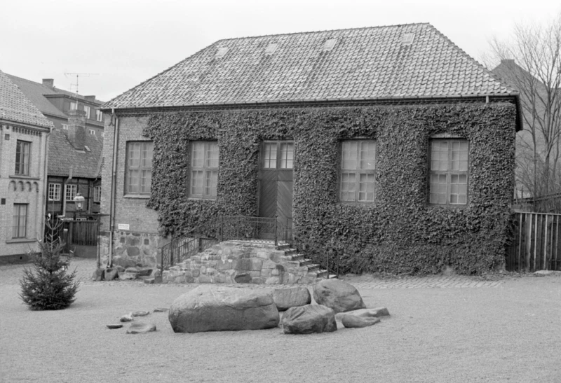 Svartvit bild på gammal byggnad med murgröna på väggarna. 