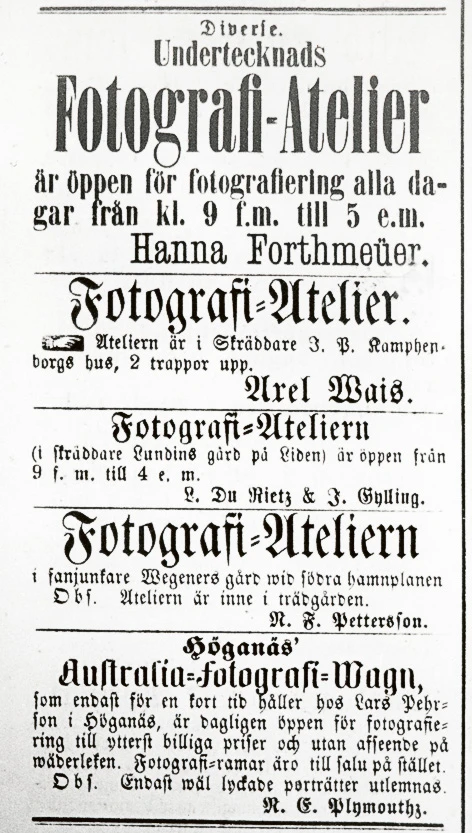 Annons i ÖP 1867 för Hanna Forthmeijer och några andra av de tidiga fotograferna i Helsingborg