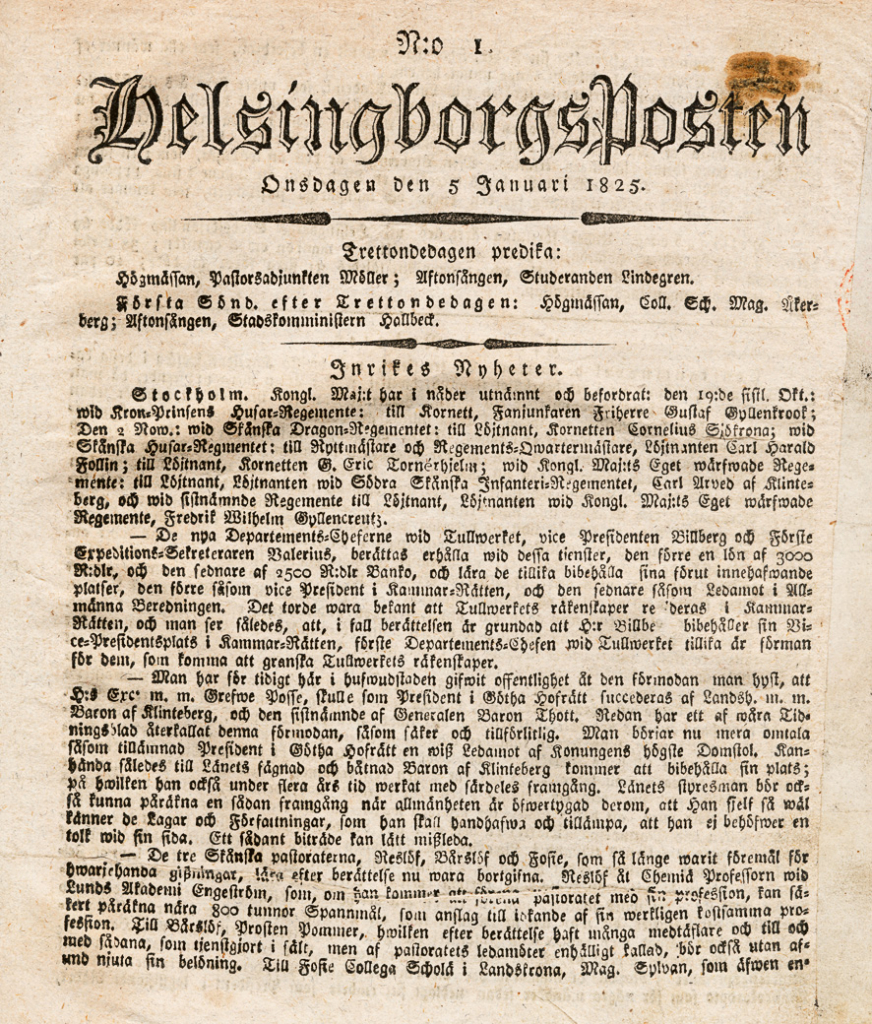 Helsingborgs-Posten, nr 1, 1825. Tillhör Ulf Rigstam