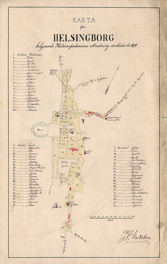 Netzlers kartmarkeringar (röda) över koleraepidemins utbredning i Helsingborg 1873