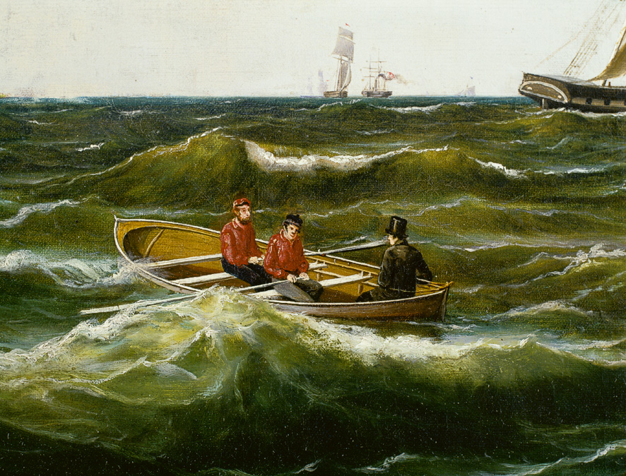 Färjemansbåt på Öresund, detalj av oljemålning av Marcus Larson. Helsingborgs museers samlingar