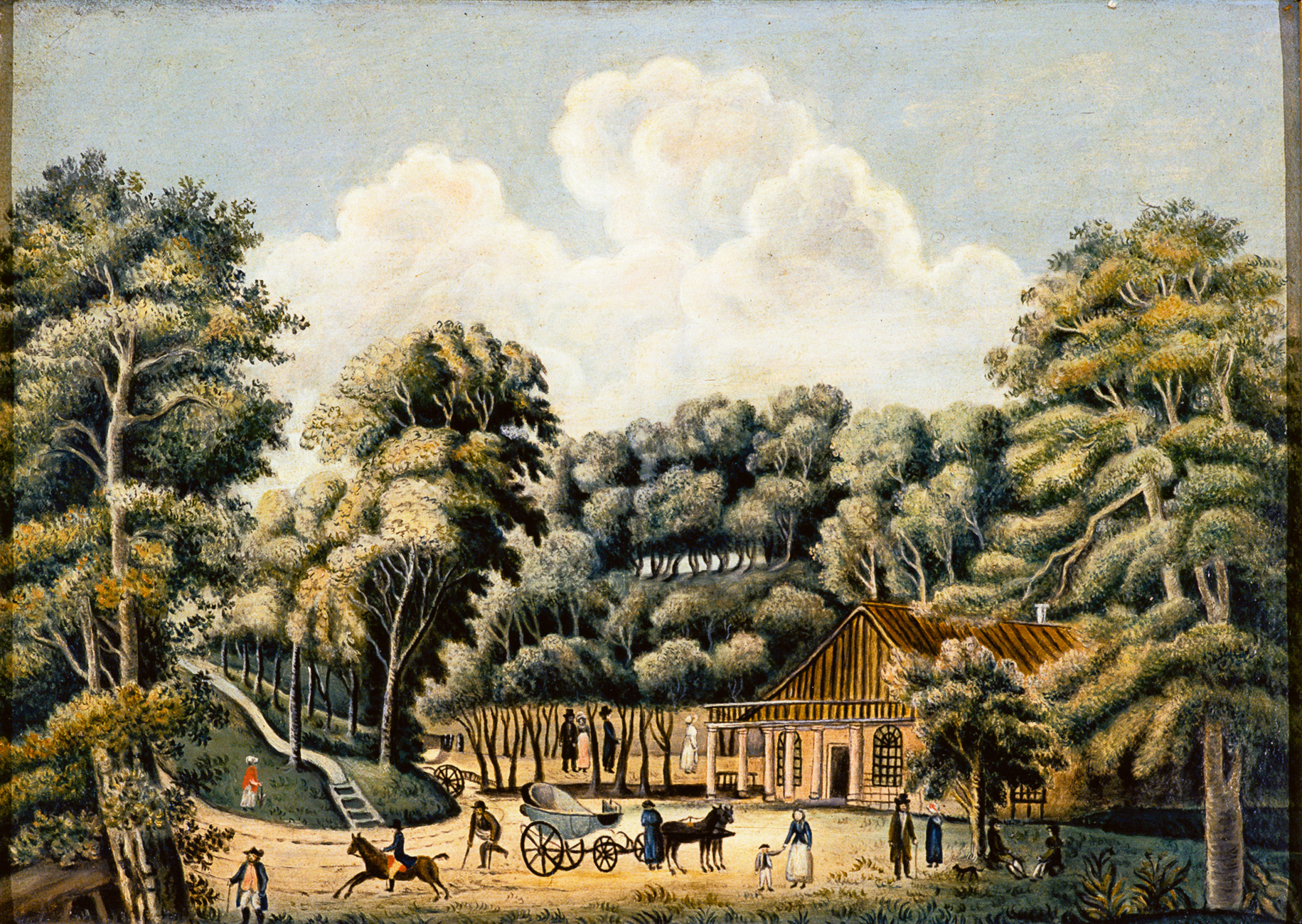 Ramlösa brunn omkring 1820, oljemålning av okänd konstnär. Helsingborgs museers samlingar