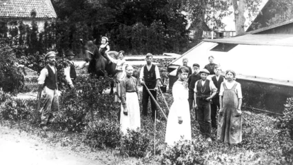 Fotot, som är taget år 1918, visar platsen där växthusen var belägna. I bakgrunden till vänster på bilden skymtar södra flygeln, där trädgårdsmästaren bodde. Från vänster ser vi trädgårdsmästare J.P. Svensson med familj. Mannen med skyffelmaskin i mitten på bilden är Knut Svensson. Övriga personer är anställda och trädgårdselever på trädgårdsmästeriet.Foto ur Björn Engdahls samlingar.