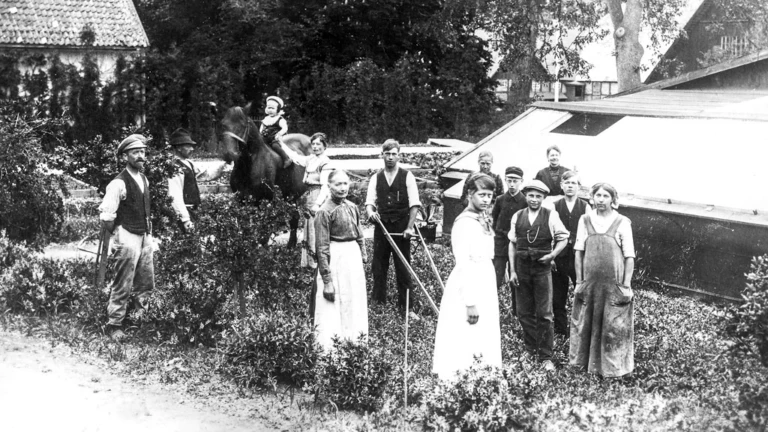 Fotot, som är taget år 1918, visar platsen där växthusen var belägna. I bakgrunden till vänster på bilden skymtar södra flygeln, där trädgårdsmästaren bodde. Från vänster ser vi trädgårdsmästare J.P. Svensson med familj. Mannen med skyffelmaskin i mitten på bilden är Knut Svensson. Övriga personer är anställda och trädgårdselever på trädgårdsmästeriet.Foto ur Björn Engdahls samlingar.