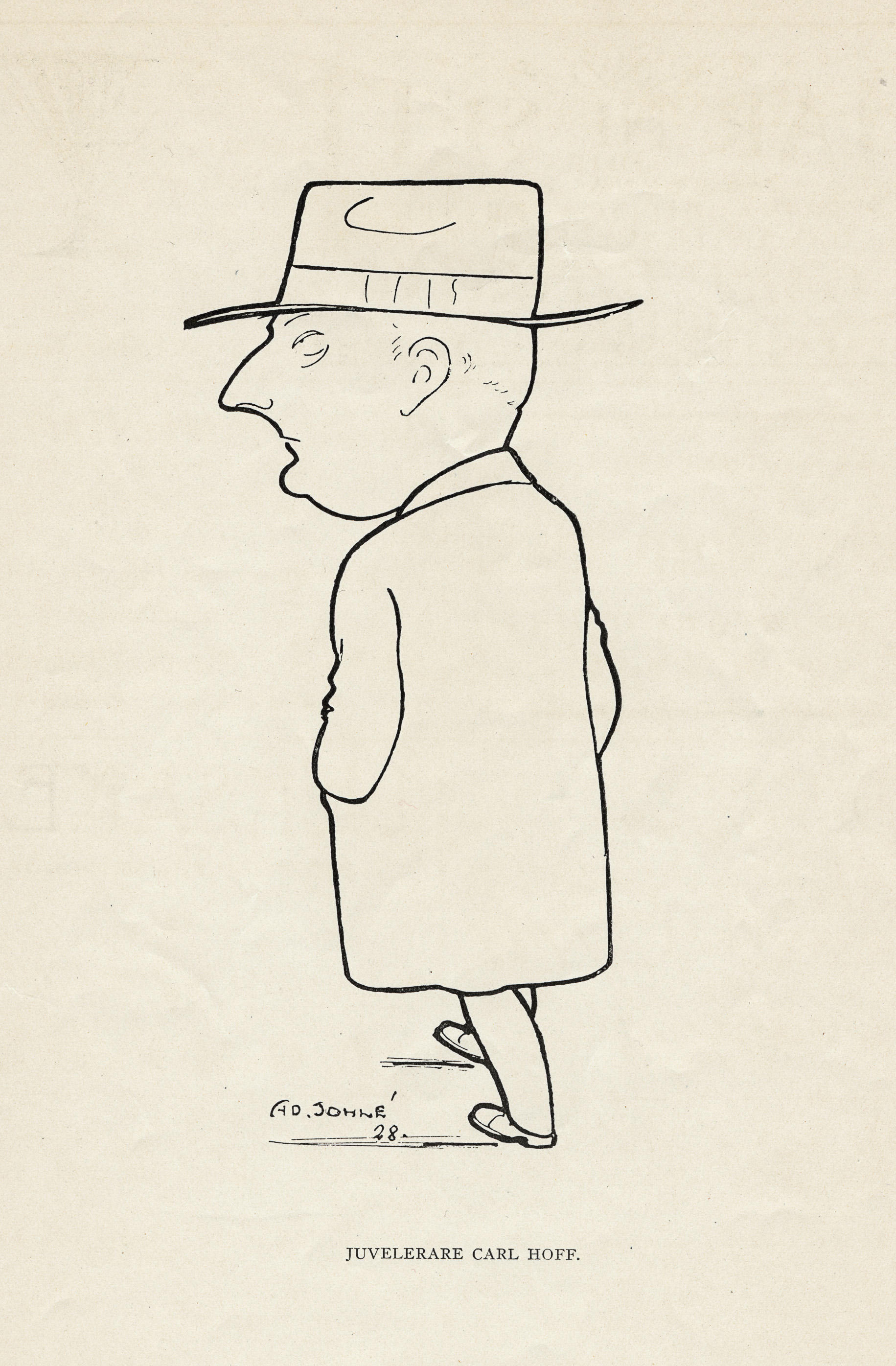 Guldsmeden Carl Hoff. Karikatyr av Ad. M. Sohlé.
