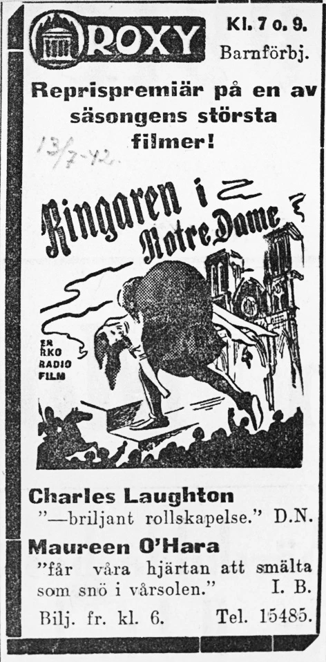 Roxybiografen annonserar för storfilmen ”Ringaren i Notre Dame”, 13 juli 1942