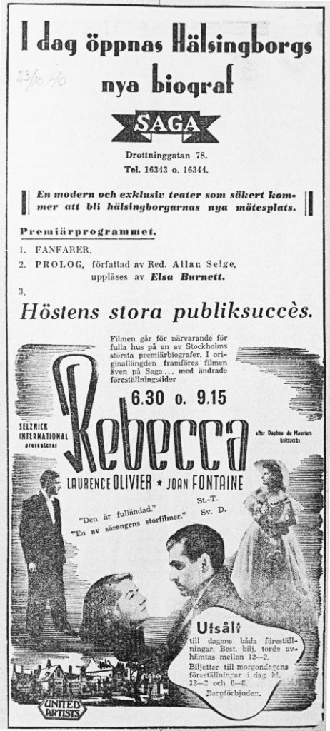 Öppningsannons för biografen Saga på Drottninggatan, 23 oktober 1940