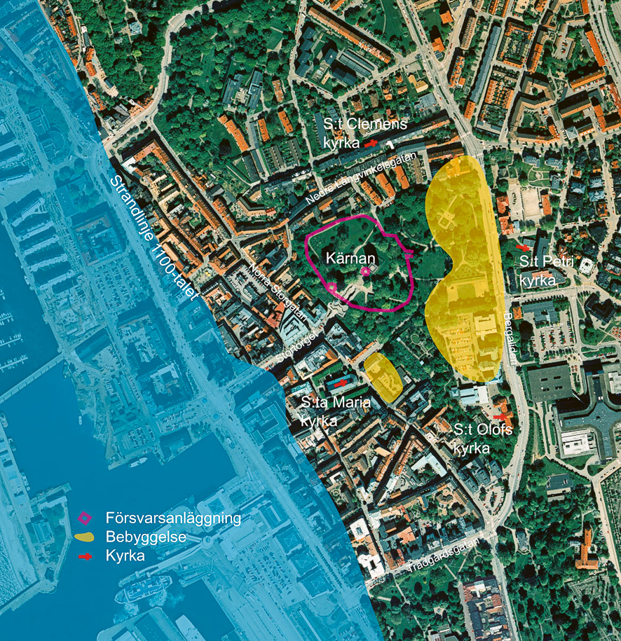 Helsingborg vid slutet av 1100-talet, jämfört med flygfoto från 2003.