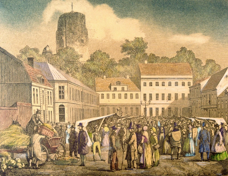 En marknadsdag på Stortorget på 1800-talet.