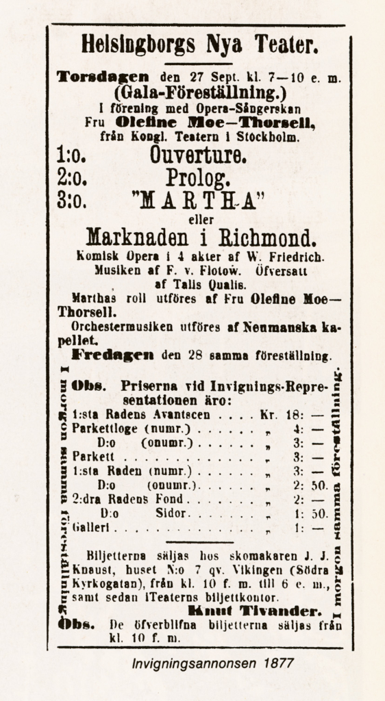 Annons för Kongl. Teaterns gästspel vid invigningen av den nya teatern 1877