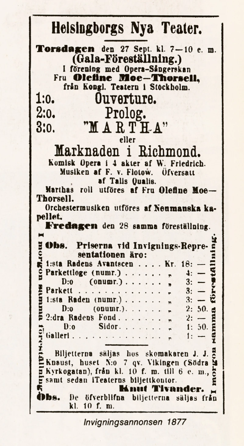 Annons för Kongl. Teaterns gästspel vid invigningen av den nya teatern 1877