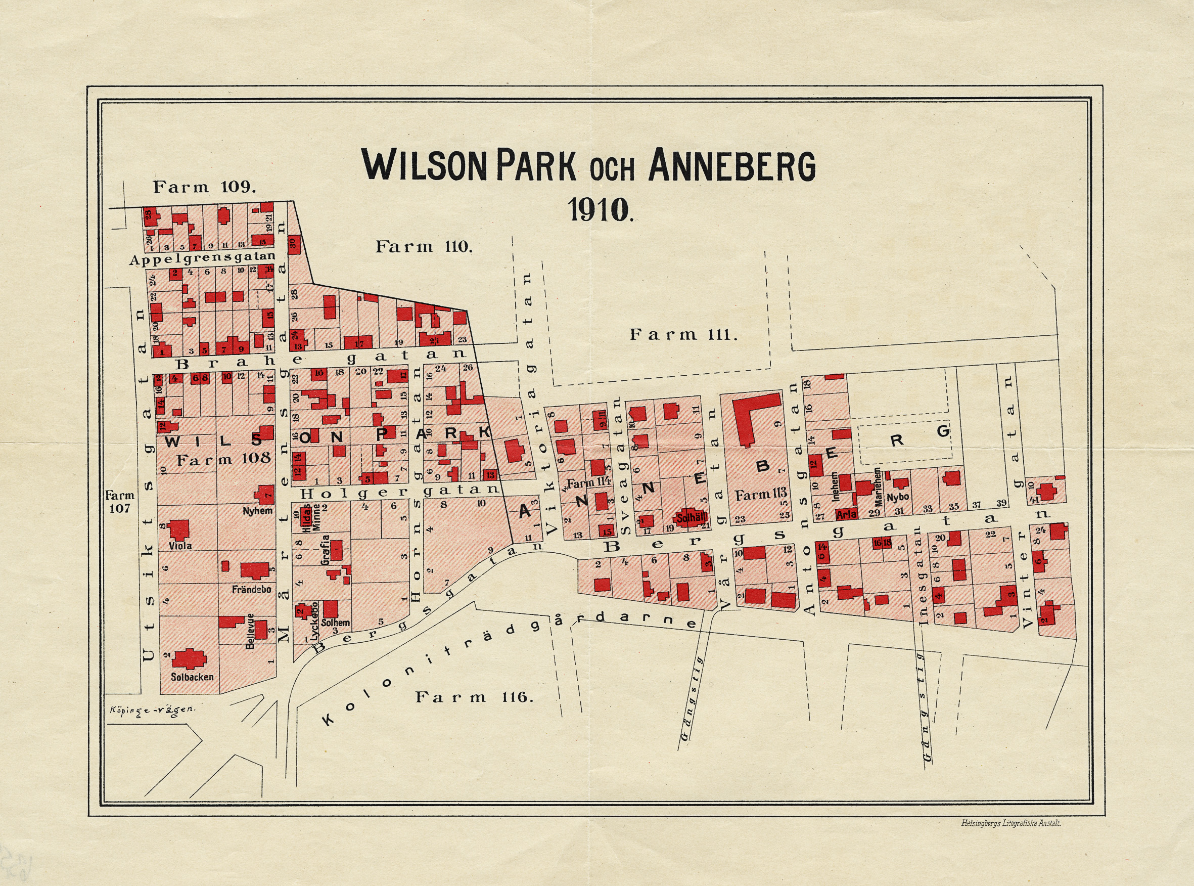 Wilson park och Anneberg. Karta från 1910 över de två bostadsområdena, avgränsade av Viktoriagatan (senare Örebrogatan)